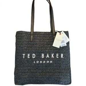 NWT TED BAKER Women Raffia Tote Handbag, Embroidered, Black